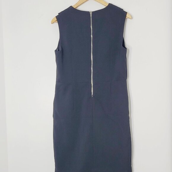 Elena Wang Classic Black Satin V-Neck Trim Pockets Sleeveless Faux Wrap Dress S - Picture 2 of 12